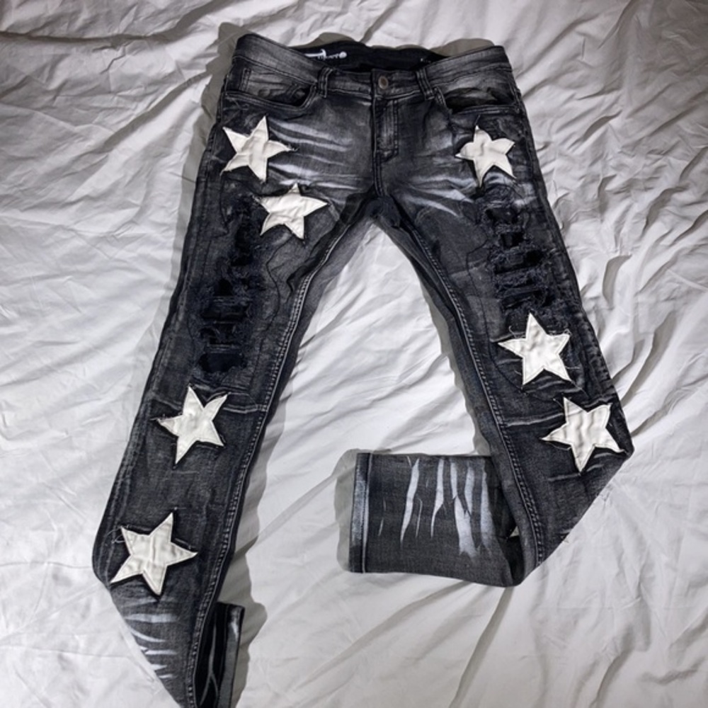 Copper Rivet Men’s Black With White Star Patches Acid Washed Grunge Punk Jeans